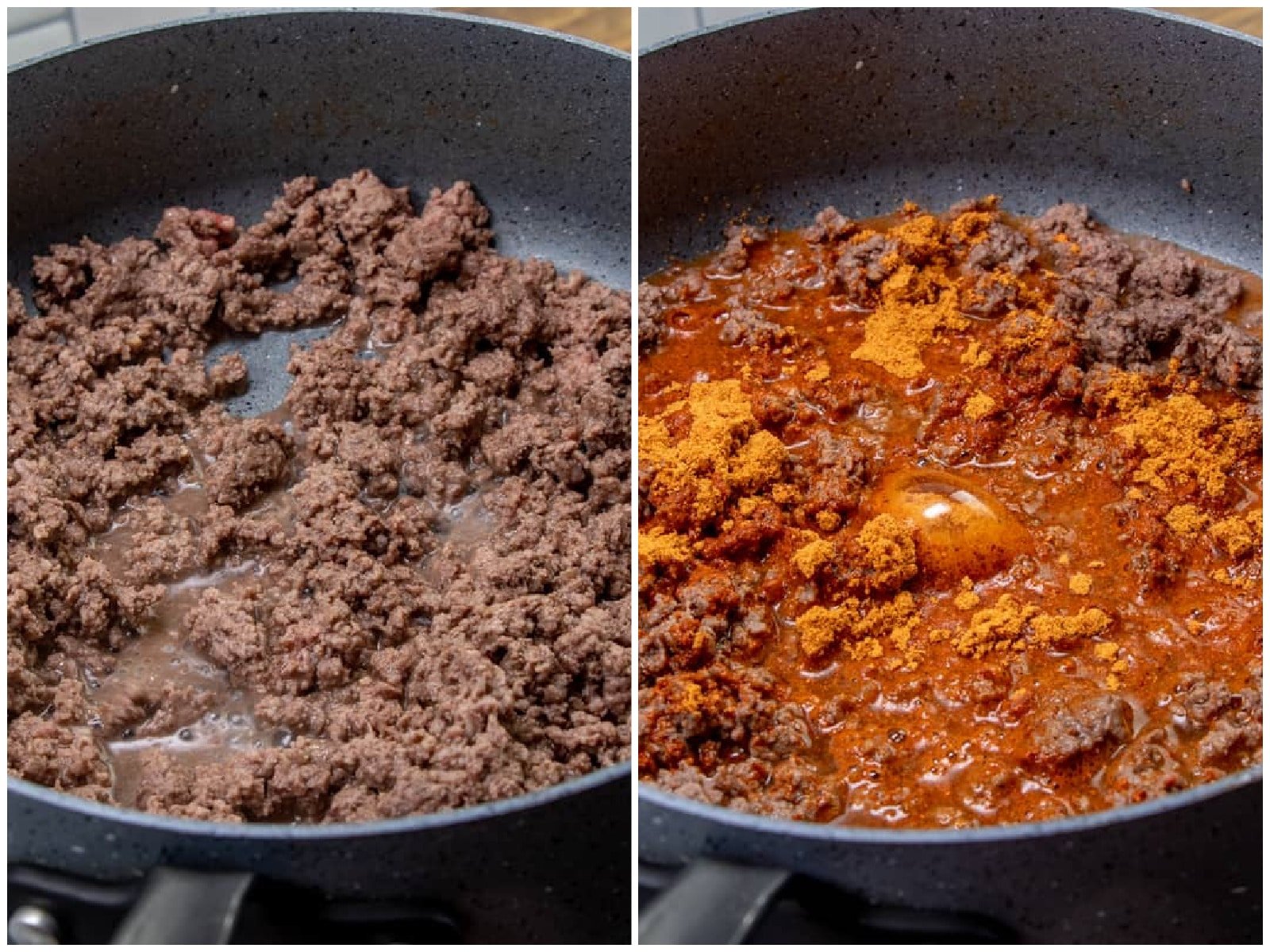 collage of two photos: brown and crumbled ground beef in a skillet; taco seasoning and water added to cooked ground beef in skillet. 