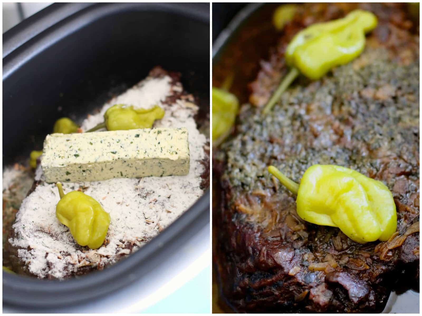 collage of two photos: pot roast topped with ranch seasoning, onion soup mix and a stick of butter and peperoncinis; fully cooked pot roast topped with peperoncini peppers. 