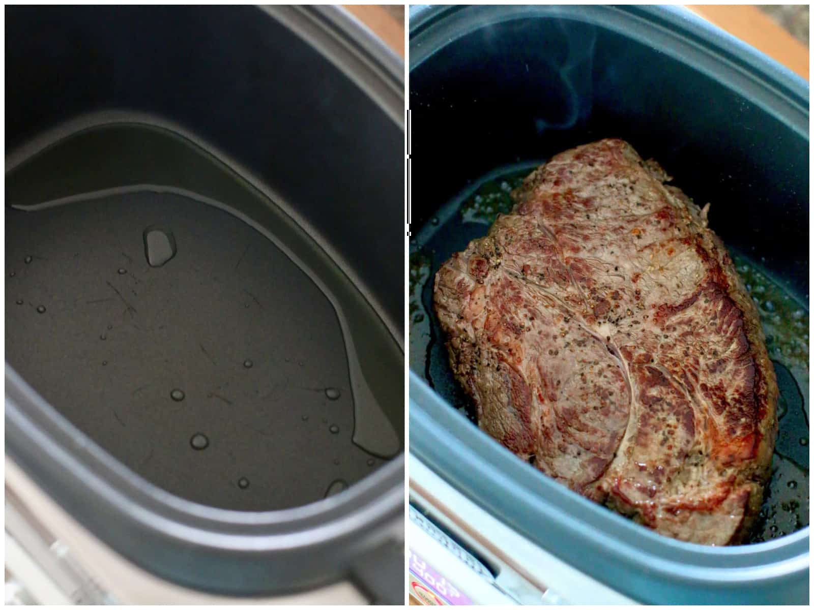 collage of two photos: oil in the bottom of a slow cooker; browning a pot roast in the oil int the slow cooker. 