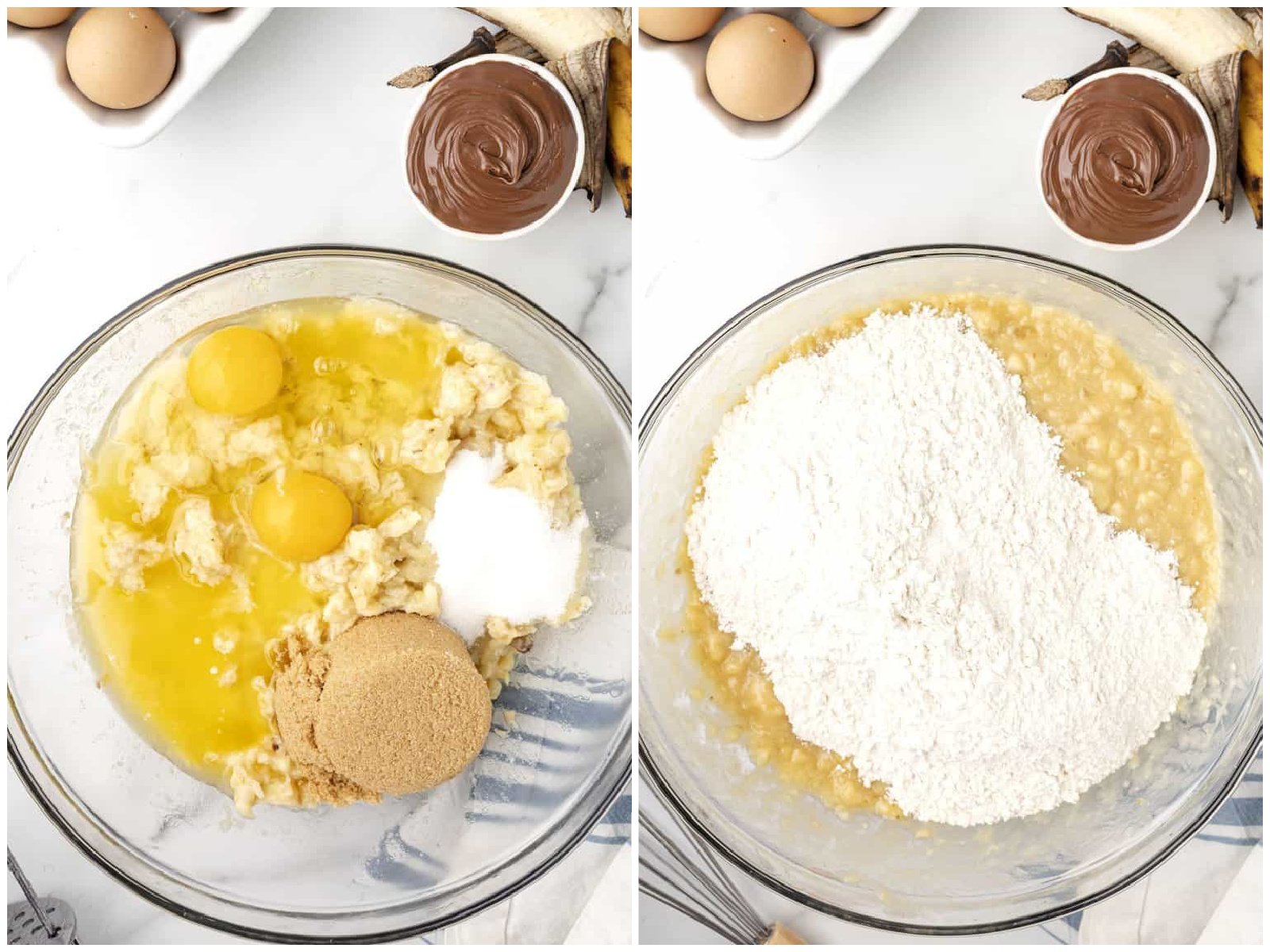 collage of two photos: wet ingredients added to the mixing bowl; flour mixture added to et mixture. 