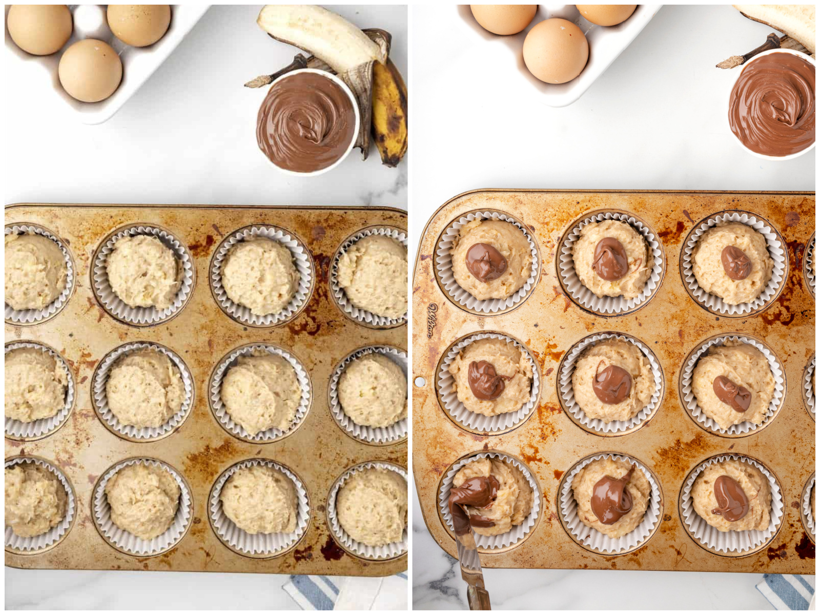 collage of two photos: banana muffin batter added to cupcake liners in muffin tin; Nutella dropped by the spoon full on top of the banana mudding batter. 