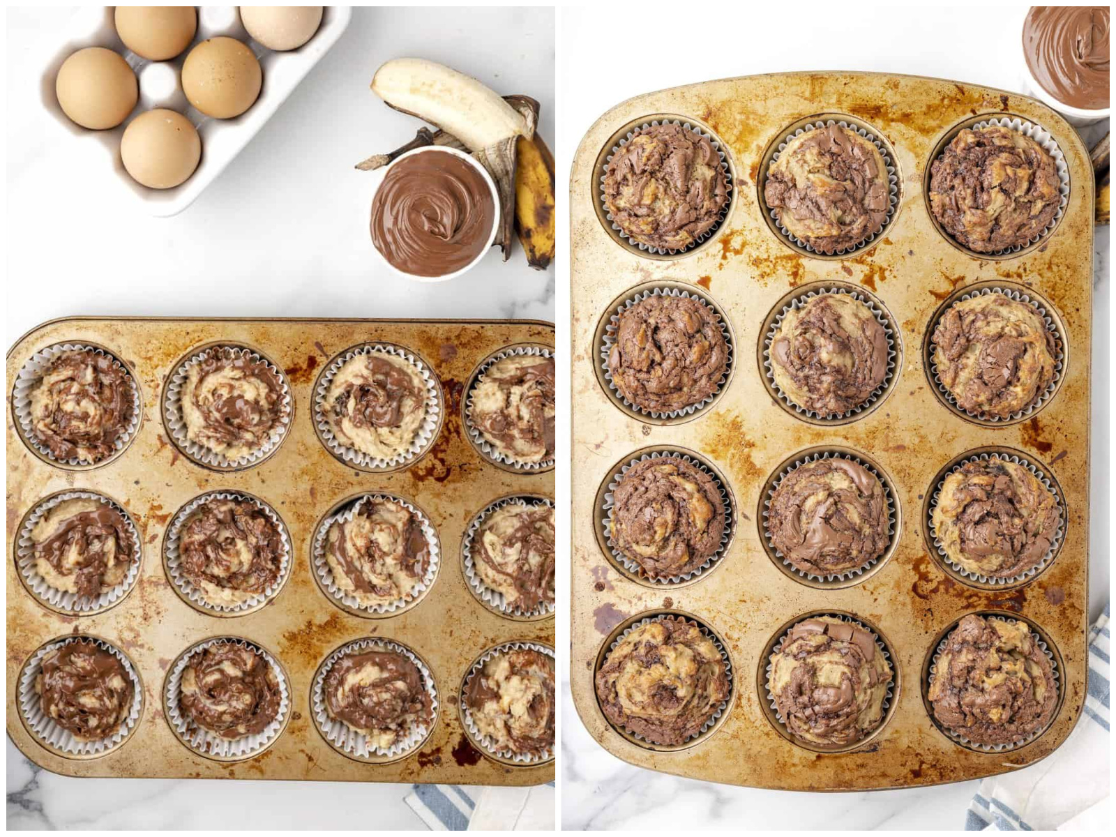 collage of two photos: Nutella swirled together with muffin batter; fully baked muffins cooling in the muffin tin. 
