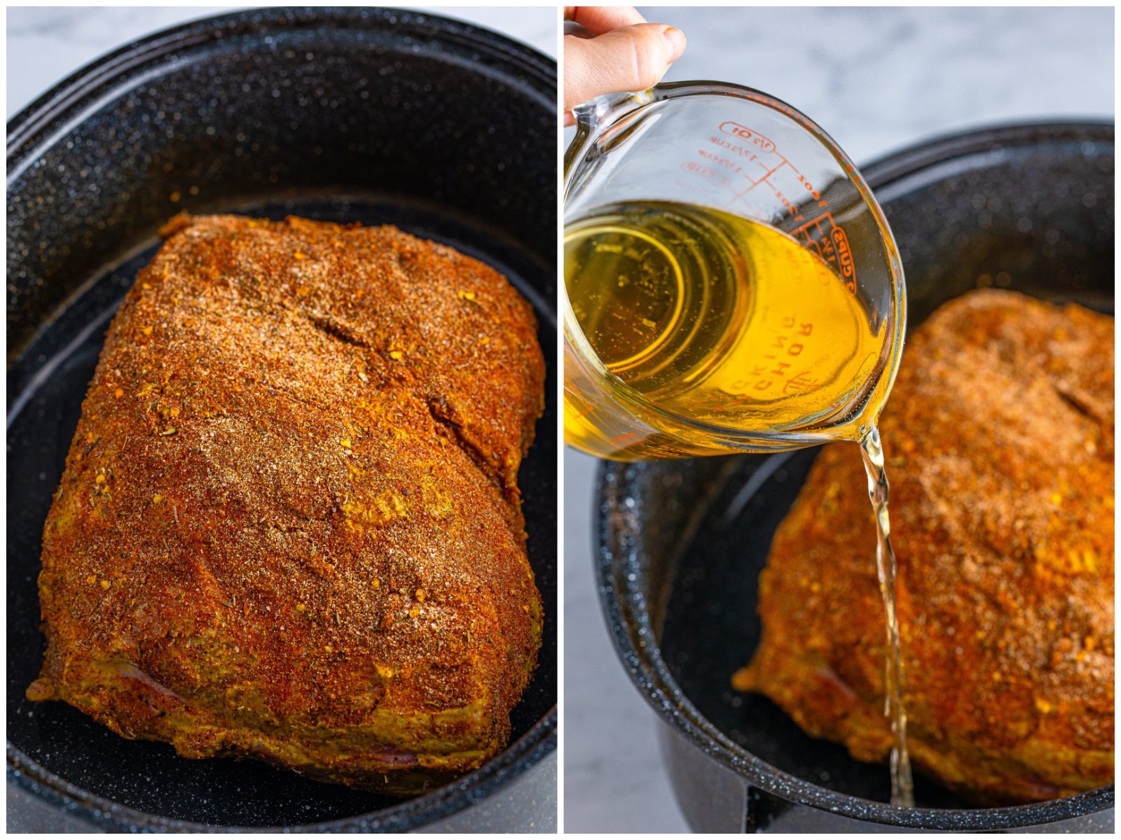collage of two photos: seasoned pork in a roasting pan; pouring beer around the sides of the pork shoulder. 
