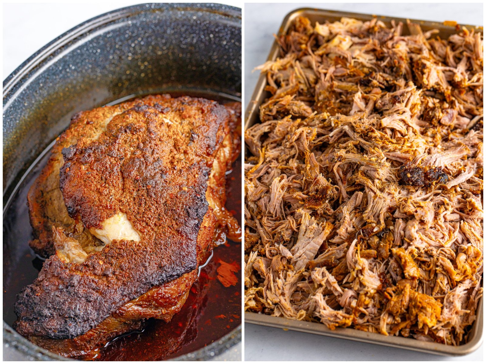 collage of two photos: fully cooked pork shoulder; shredded pork on a baking sheet.
