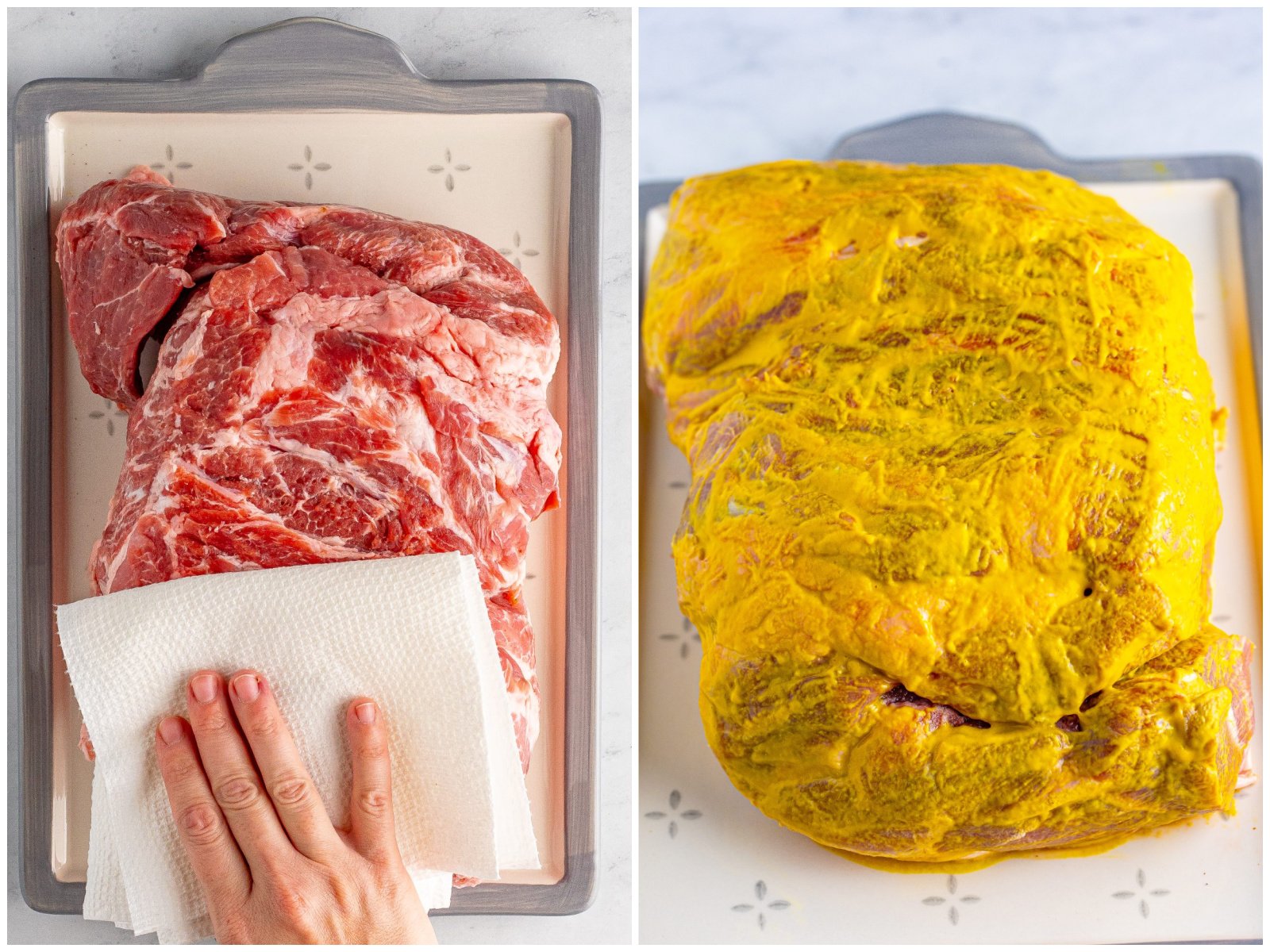 collage of two photos: a hand holding a paper towel drying off a pork shoulder; mustard rubbed all over a pork shoulder. 