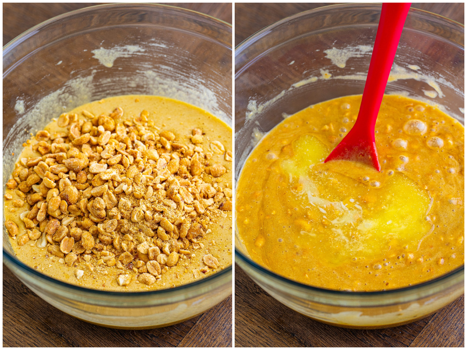 collage of two photos: A mixing bowl with peanuts, brown sugar, eggs, flour, corn syrup, and vanilla extract; melted butter added to mixture. 