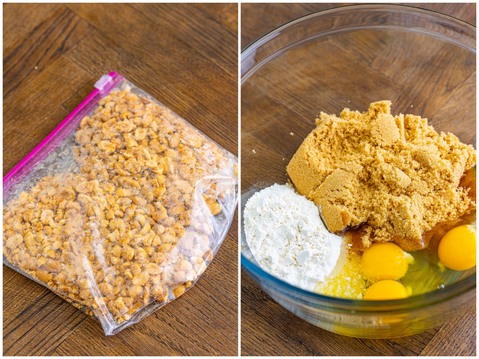 collage of two photos: crushed peanuts in a Ziplock bag; brown sugar, corn syrup, flour and eggs. 