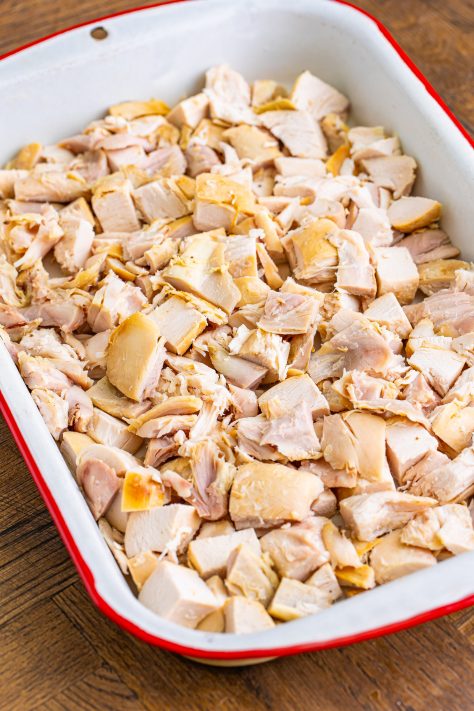 Cooked chicken in a baking dish.