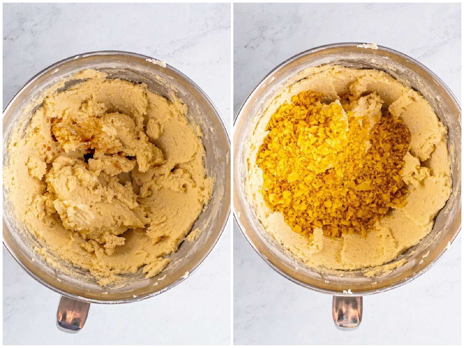 collage of two photos: vanilla extract added to the mixing bowl; crushed potato chips added to cookie batter in bowl. 