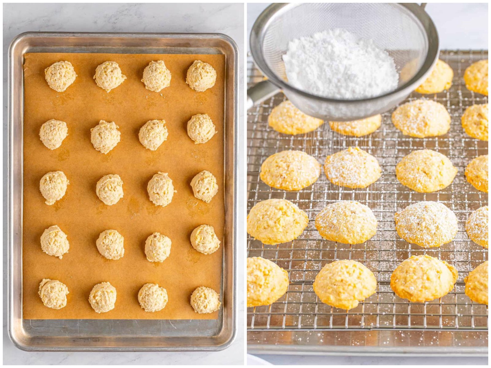 collage of two photos: potato chip cookie dough balls on a parchment paper lined baking sheet; powdered sugar being dusted on top of cookies on a cooling rack. 