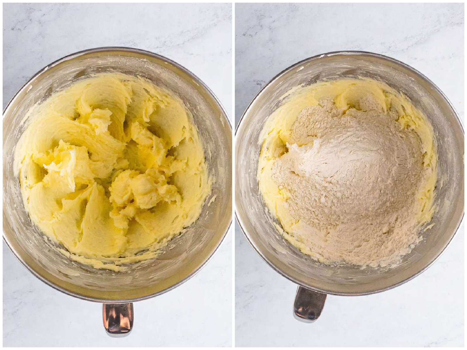collage of two photos: butter and sugar creamed together in a mixing bowl; flour added to the mixing bowl. 