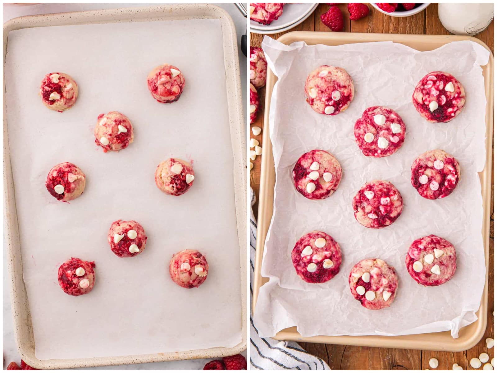 collage of two photos: Raw Raspberry White Chocolate Chip Cookies on a lined baking sheet; Fresh baked Raspberry White Chocolate Cookies on a baking sheet.