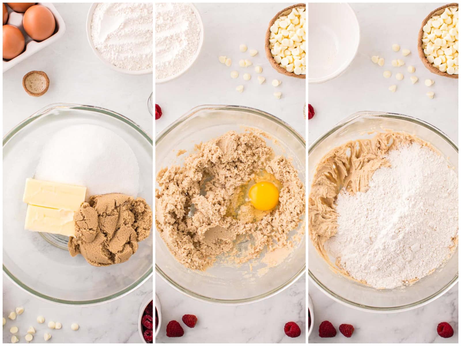 collage of three photos: butter, brown sugar, and white sugar in a glass mixing bowl; egg added to mixture; flour added to mixture in bowl. 