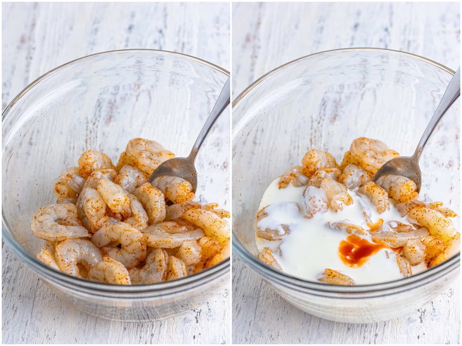 collage of two photos: seasoned shrimp in a bowl; buttermilk and hot sauce poured on top of seasoned shrimp in bowl. 