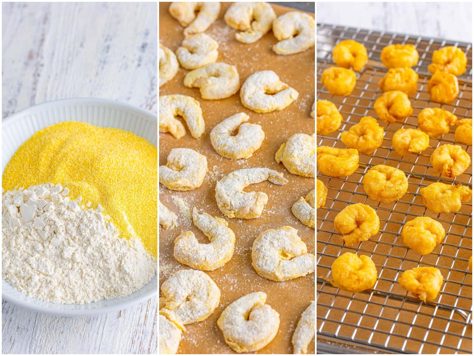 collage of three photos: cornmeal and flour in a bowl; shrimp dipped in cornmeal mixture and put on a tray; fried shrimp shown on a cooling rack. 