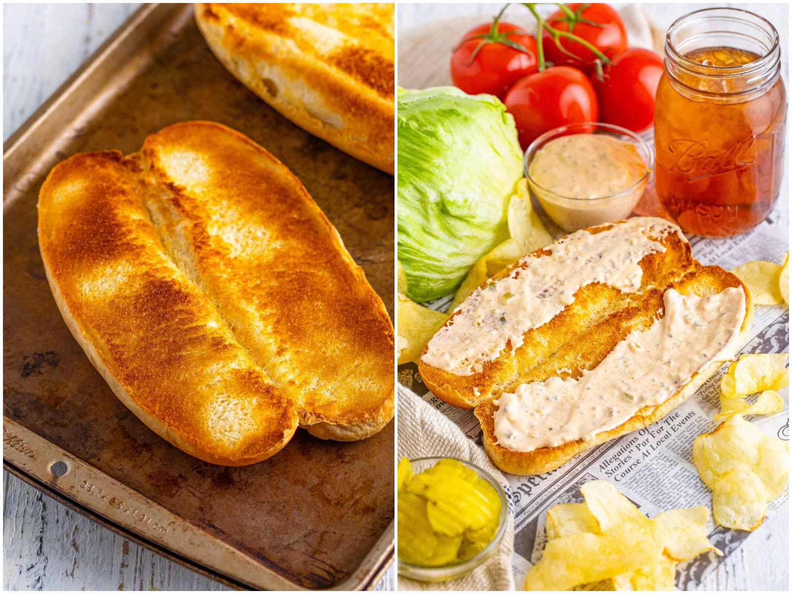 collage of two photos: toasted hoagie bun on a try; remoulade sauce shown spread onto both sides of toasted hoagie bun. 
