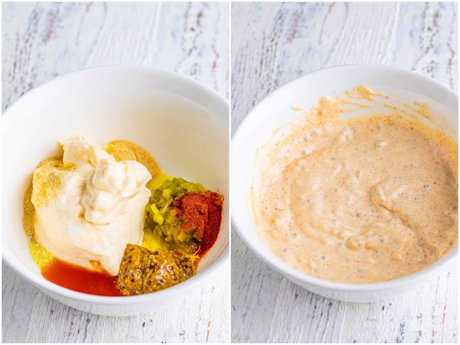 collage of two photos: remoulade sauce ingredients added to small white bowl; remoulade ingredients shown mixed together in bowl 