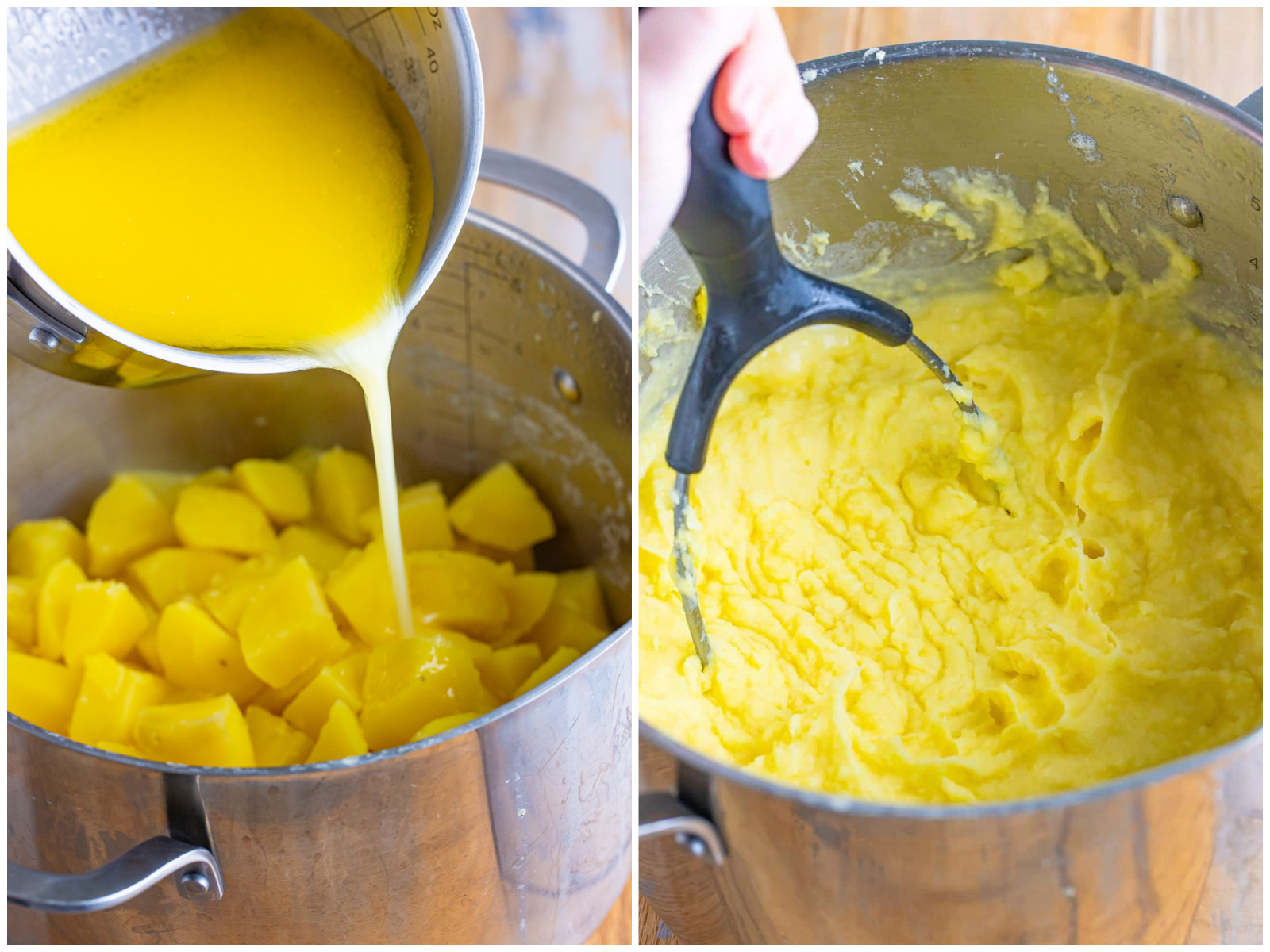 collage of two photos: pouring melted butter over cooked potatoes in a pot; mashing potatoes with a masher in the pot. 