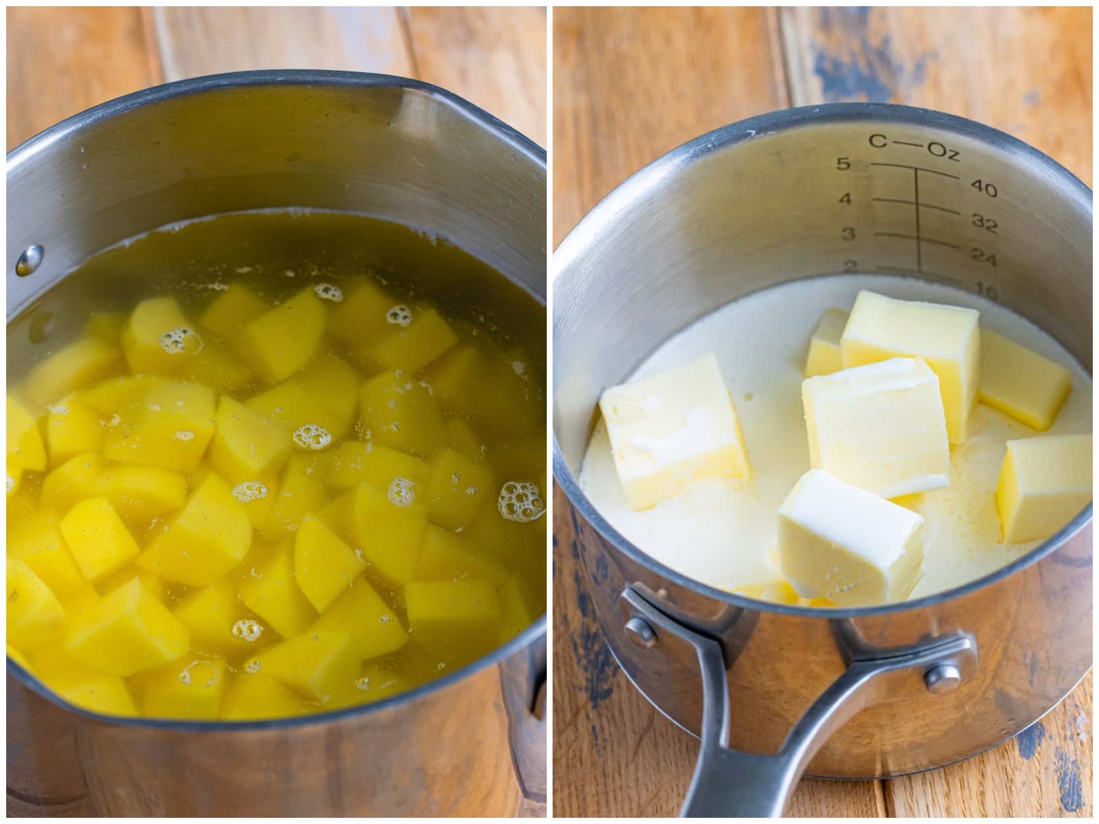 Collage of two photos: diced potatoes and water in a pan; heavy cream, butter and chicken stock in a pot. 