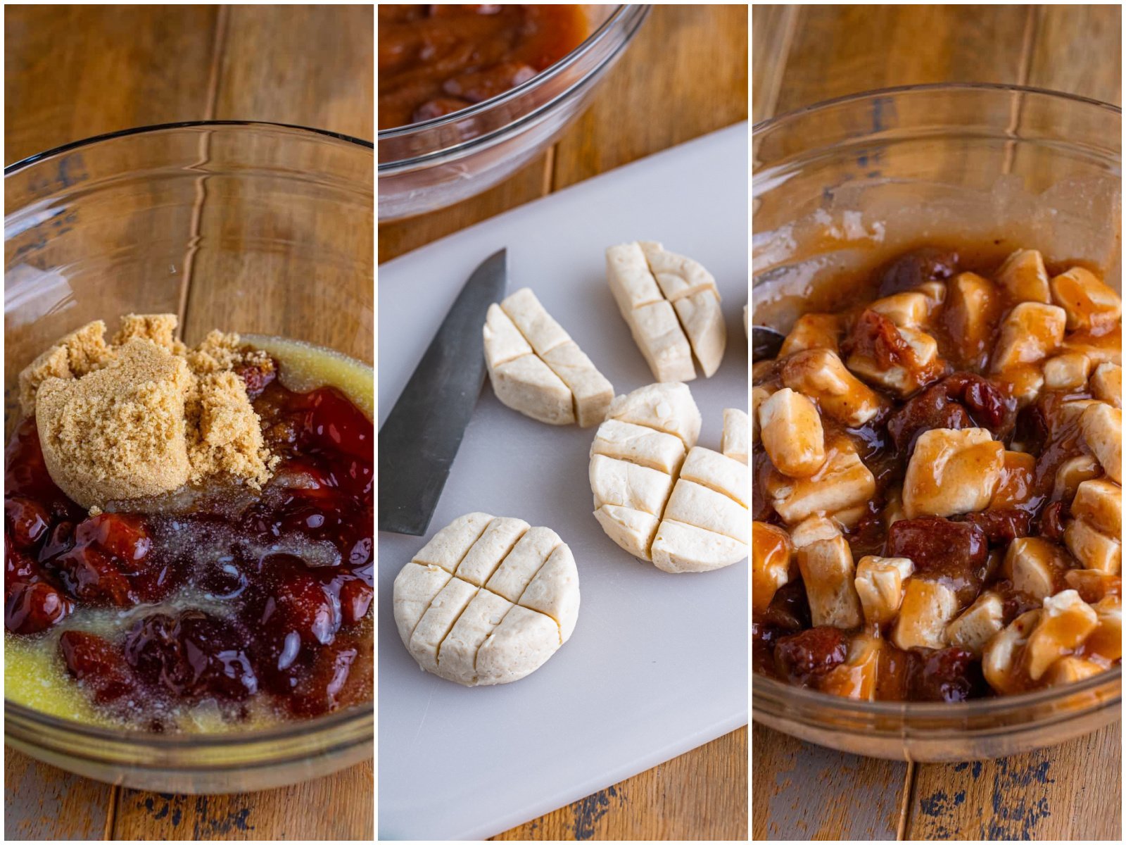 collage of three photos: a mixing bowl with strawberry pie filling, brown sugar, melted butter, and vanilla; biscuits shown being cut into 8 pieces; biscuits mixed in with strawberry pie filling mixture in bowl.