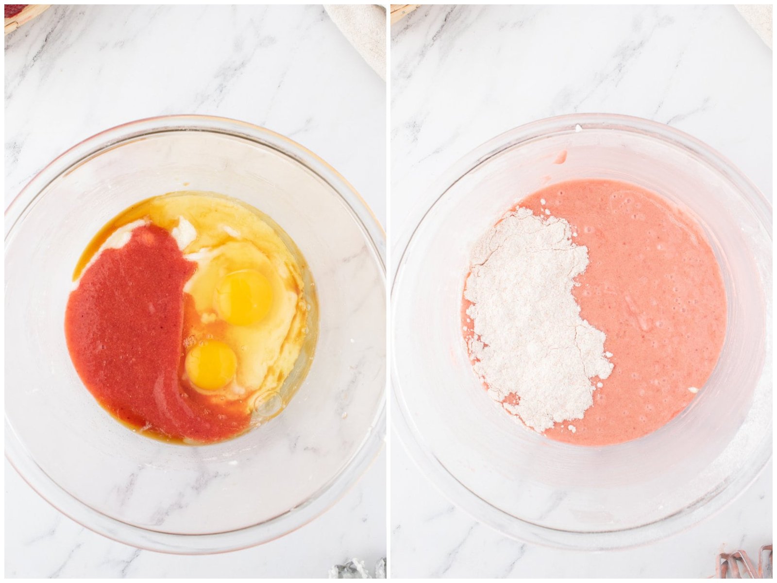 collage of two photos: a bowl with butter, oil, sugar, eggs, strawberry jell-o powder, and vanilla extract;  flour mixture being added to strawberry wet mixture. 