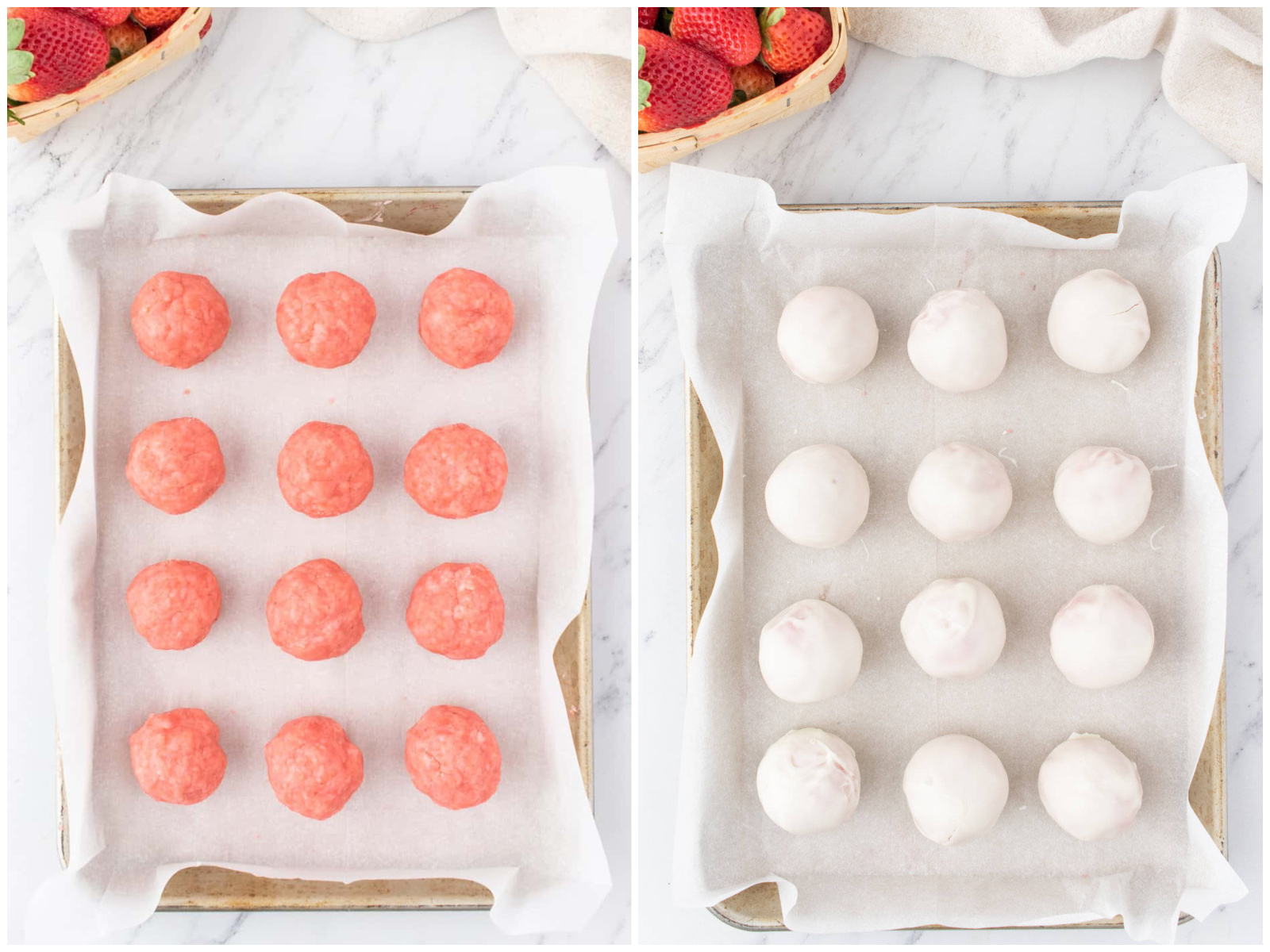 collage of two photos: uncoated strawberry cake balls on parchment paper; white chocolate coated strawberry cake balls on parchment paper. 