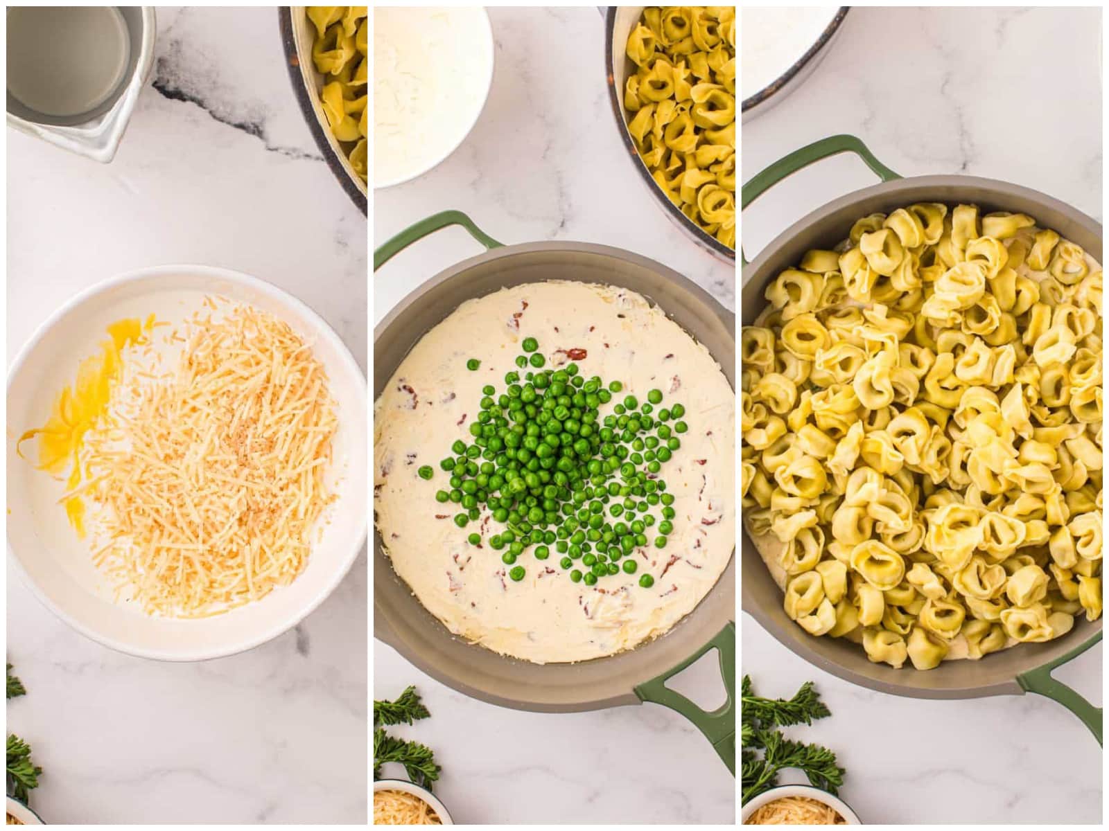collage of three photos: a bowl with heavy cream, egg yolks and parmesan cheese; frozen peas added to cream mixture in skillet; cooked tortellini added to skillet. 