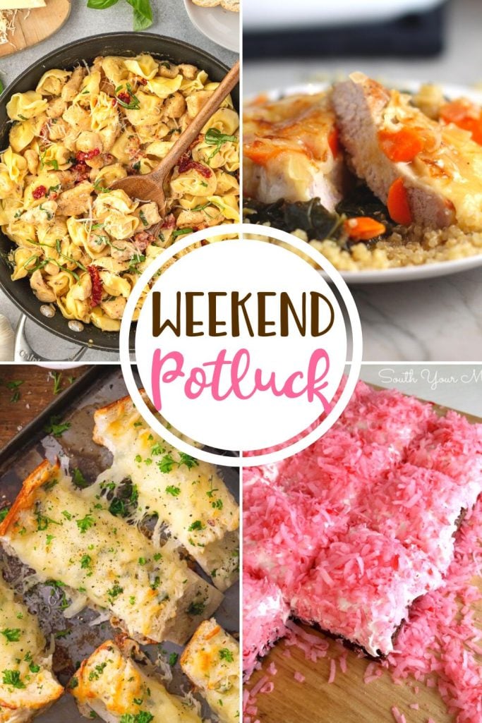 Weekend Potluck featured recipes include: Smothered Pork Chop Casserole, Mozzarella Bread, Marry Me Chicken Tortellini and Sno Ball Brownies.