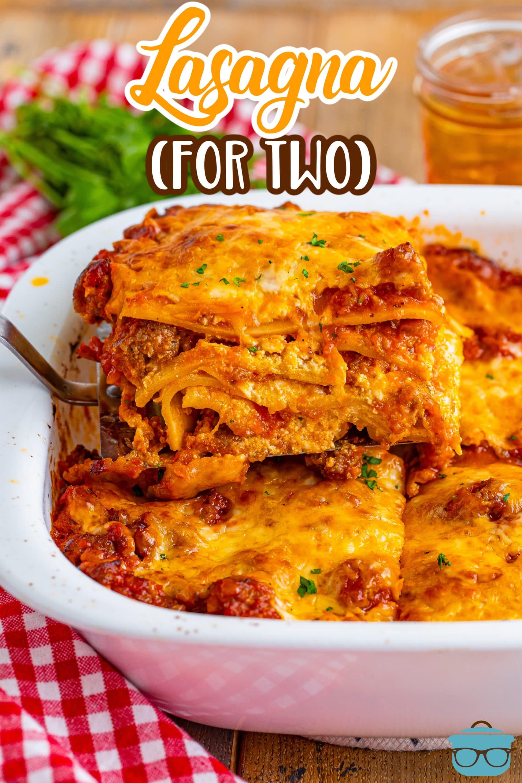 A baking dish with Lasagna for Two.