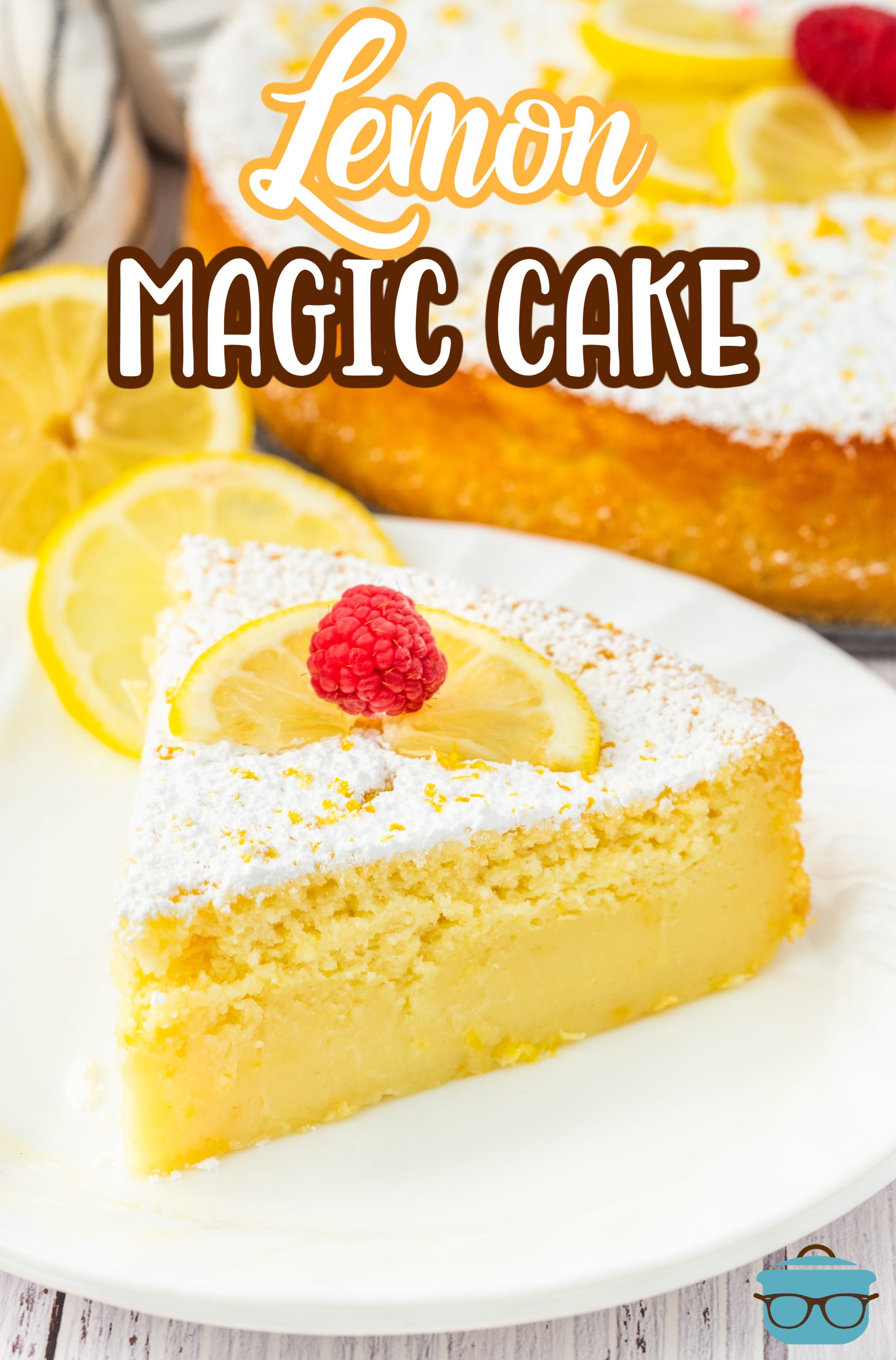 A slice of Lemon Magic Cake on a plate.
