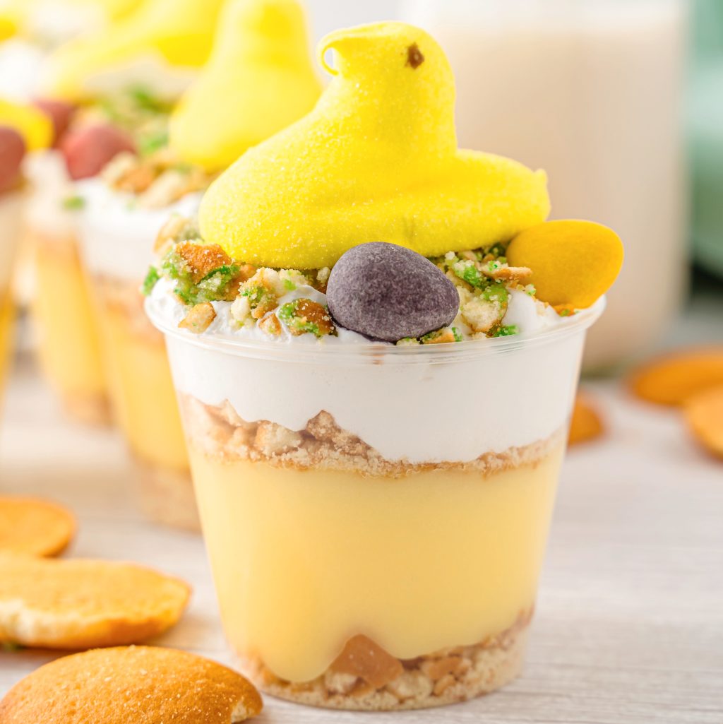 Looking closely at an Easter Banana Pudding Cup dessert.