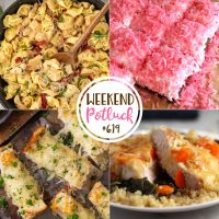 Weekend Potluck featured recipes include: Smothered Pork Chop Casserole, Mozzarella Bread, Marry Me Chicken Tortellini and Sno Ball Brownies.