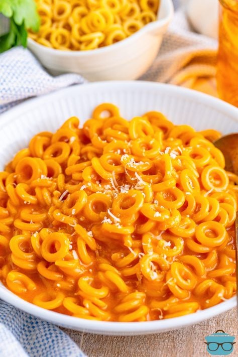 A white serving bowl of Homemade Spaghettios.