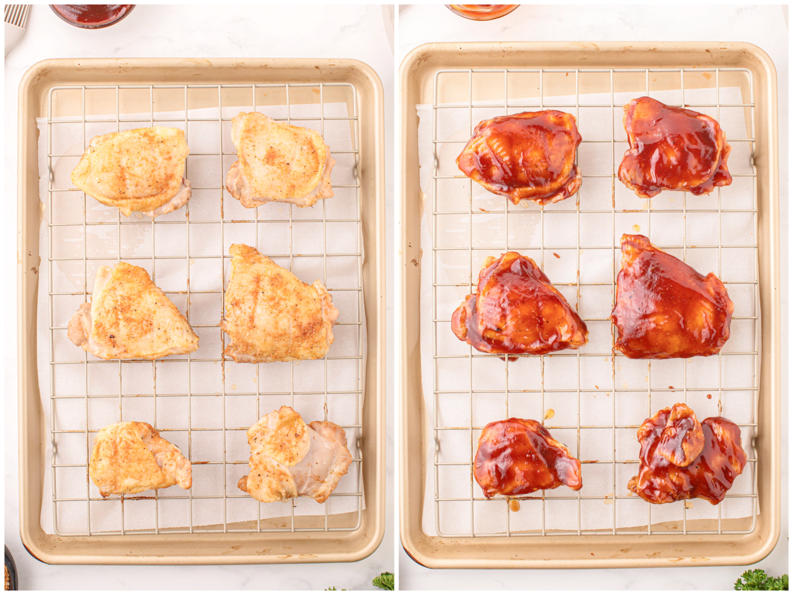 collage of two photos: chicken thighs flipped over to cook the skin side; BBQ sauce spread over cooked chicken thighs. 
