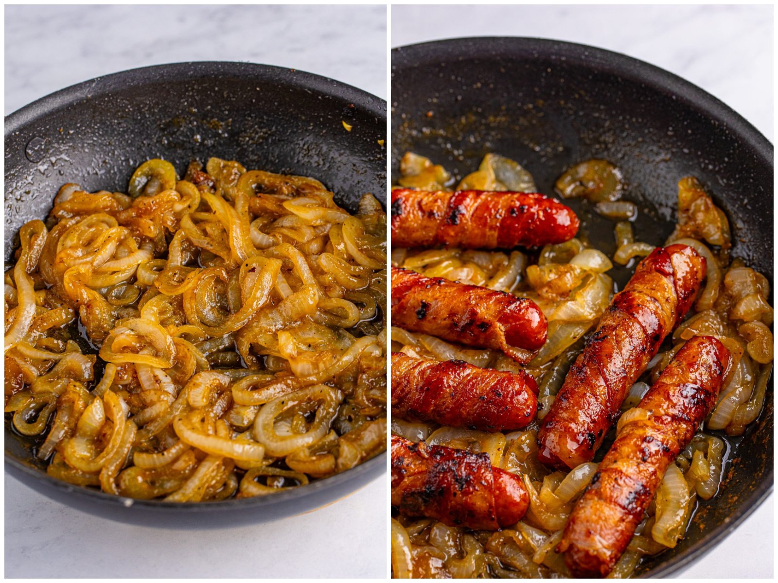 collage of two photos: fully cooked and soft onions in a skillet; bacon wrapped brats added into the skillet with the cooked onions.