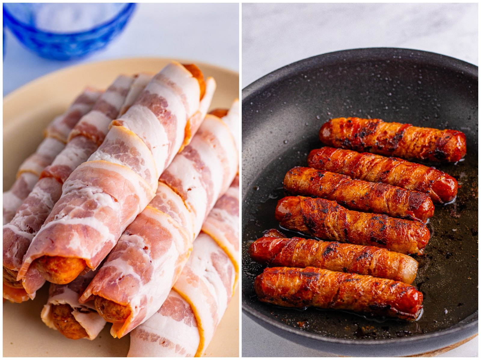 collage of two photos: bacon wrapped brats stacked on a plate; cooked brats in a skillet. 