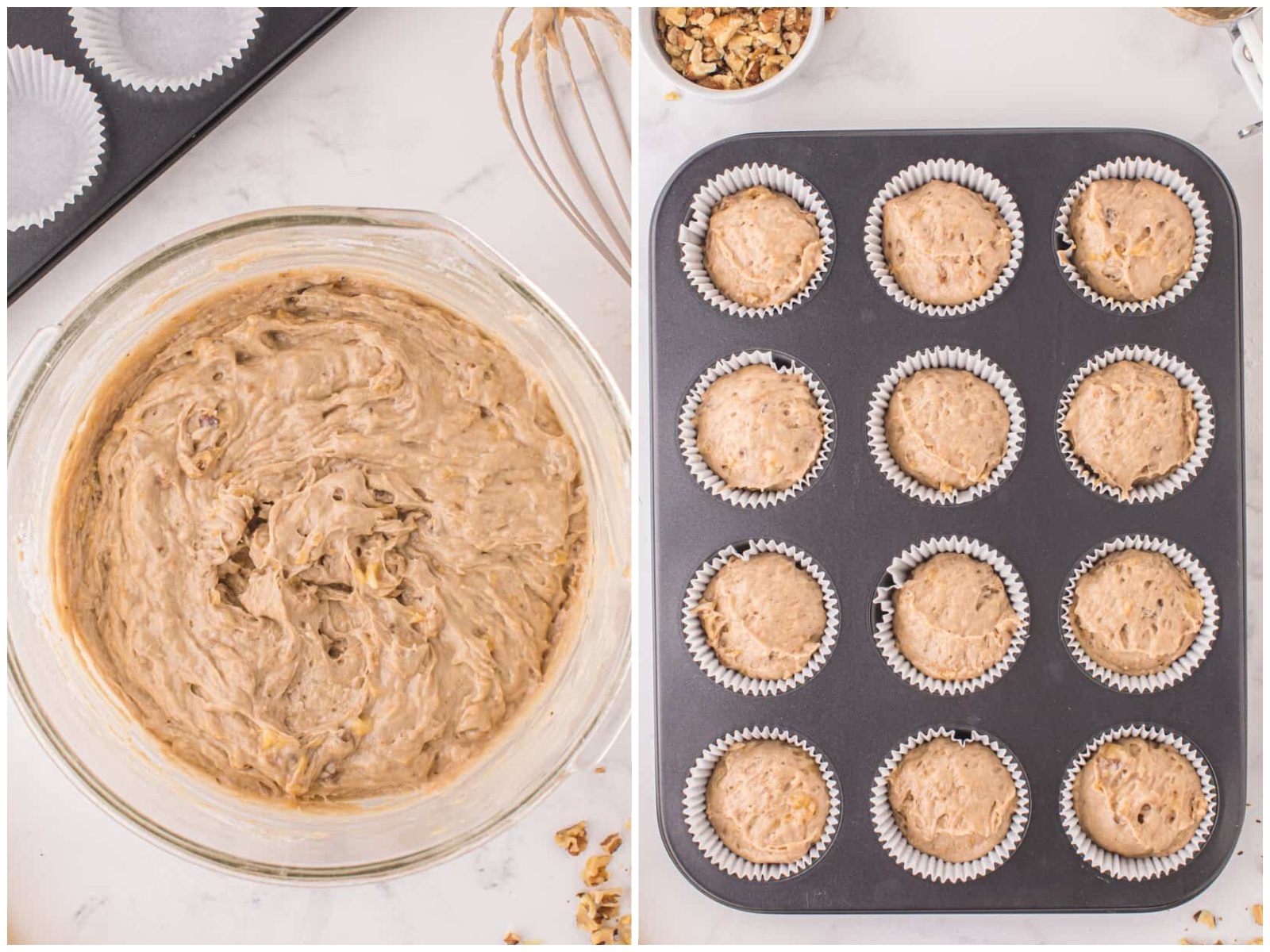 collage of two photos: Banana Nut Cake Mix Muffin batter in a glass bowl; muffin batter divided into cupcake liners in muffin tin. 
