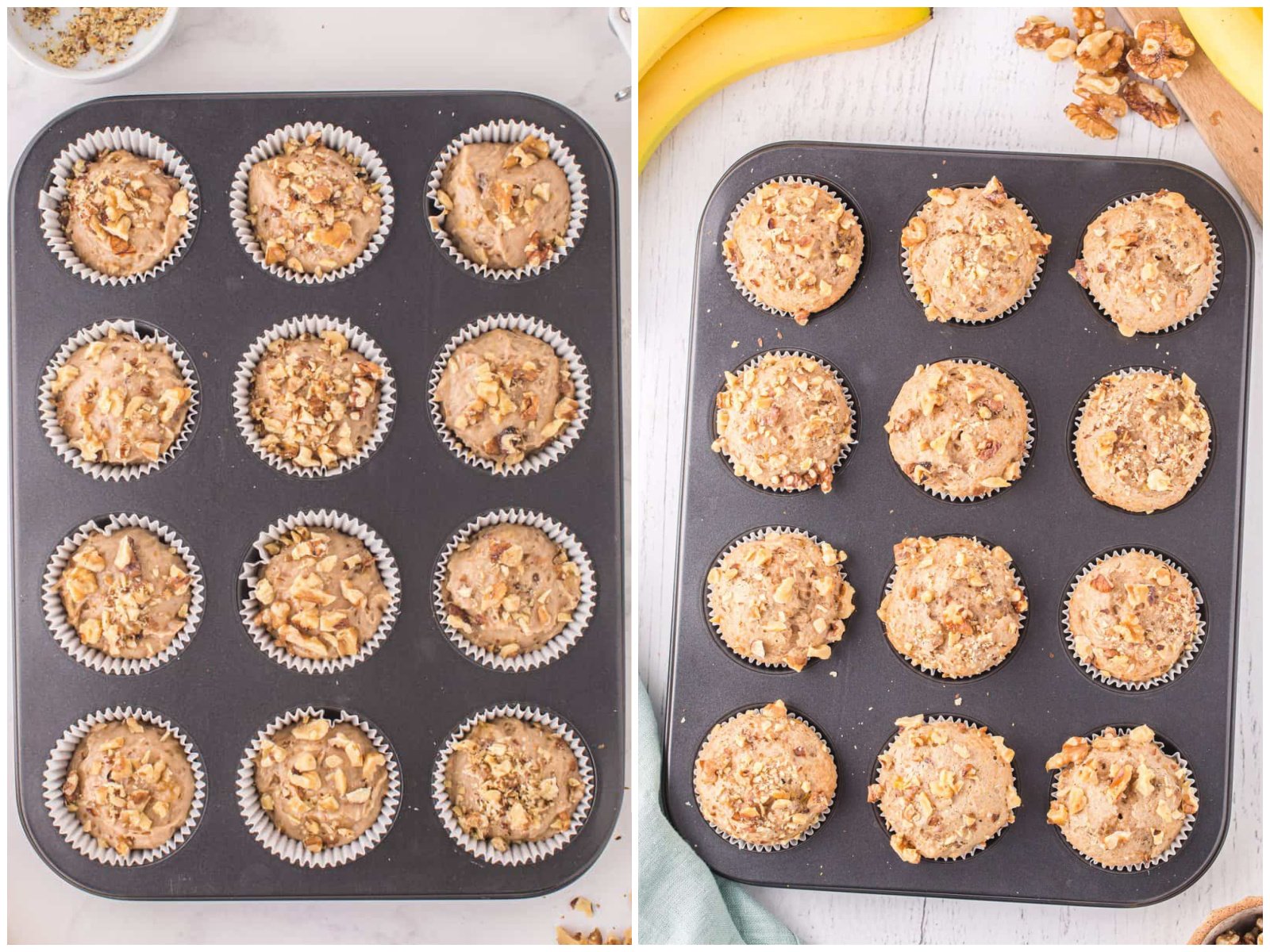 collage of two photos: chopped walnuts added on top of muffin batter; fully baked banana nut muffins in muffin tin. 