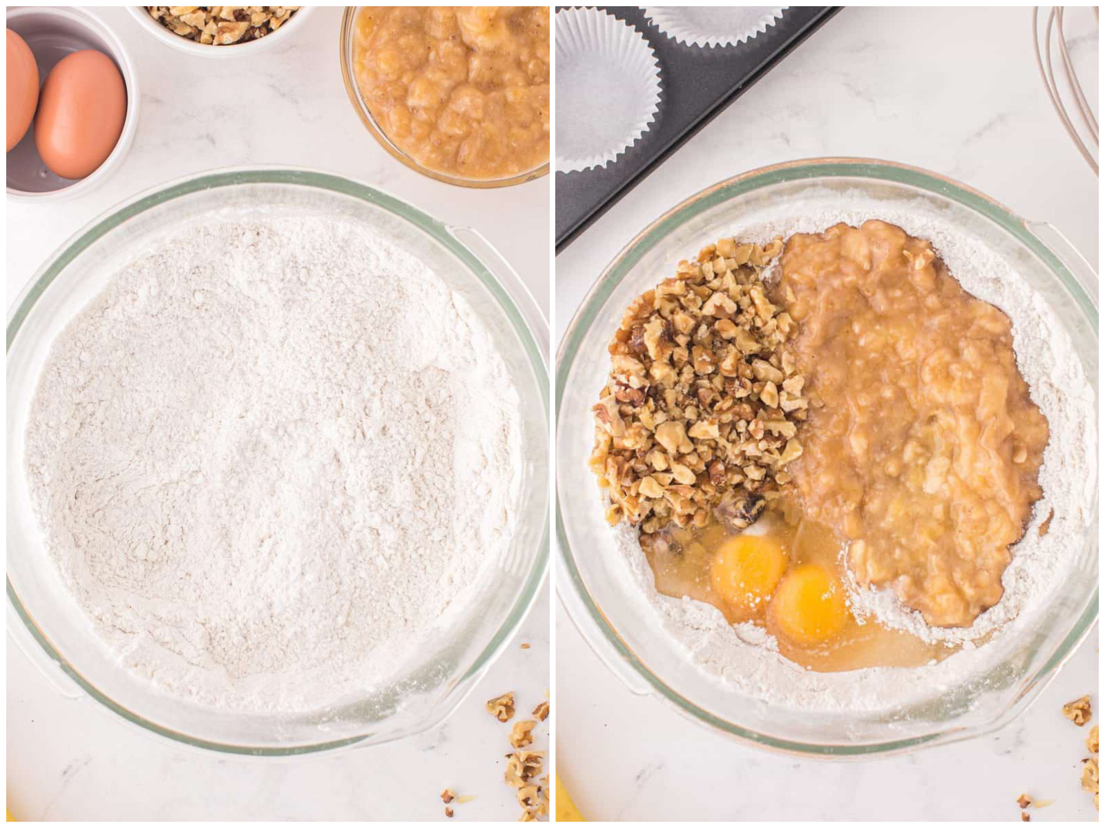 collage of two photos: a large glass mixing bowl with cake mix, flour and baking powder; mashed banana, egg and chopped walnuts added to the bowl. 