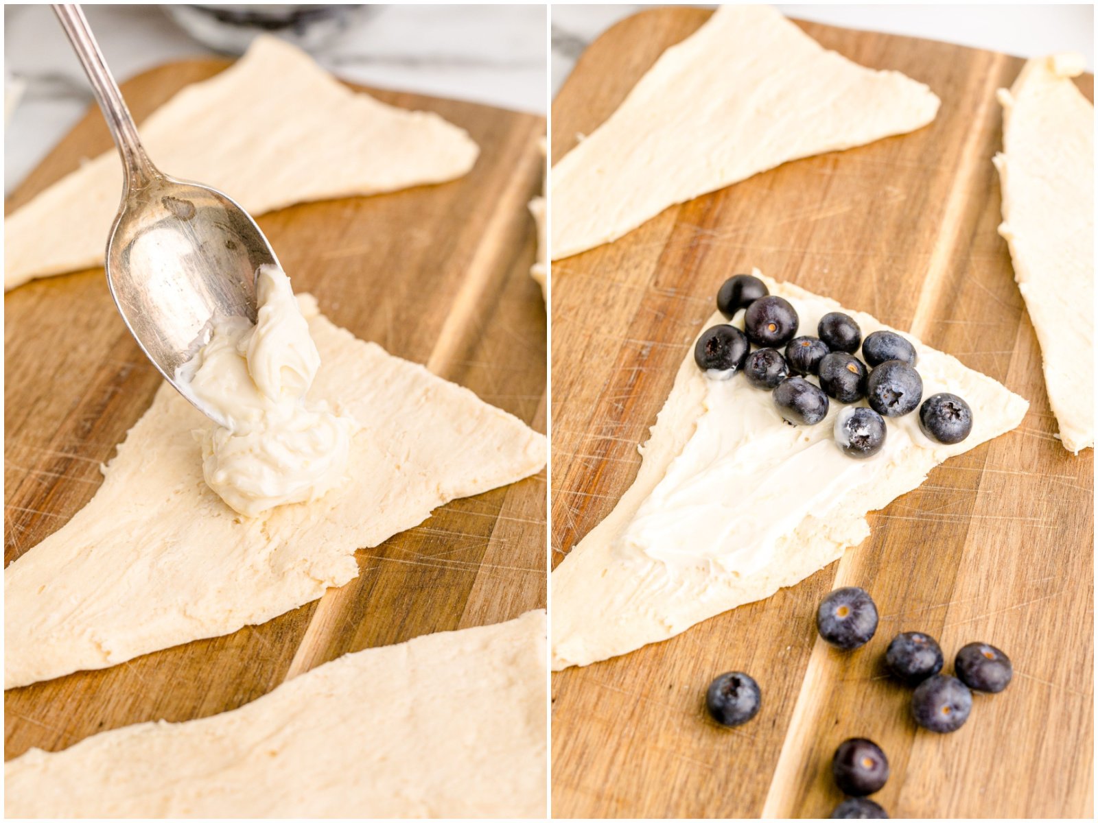 collage of two photos: cheesecake mixture being spooned onto wide end of crescent roll; fresh blueberries placed on top of cheesecake mixture. 