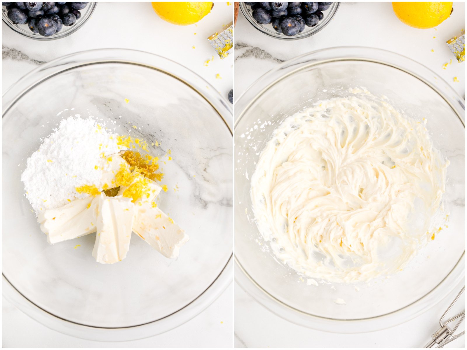 collage of two photos: cream cheese, powdered sugar, lemon zest and vanilla extract in a bowl; mixture blended together until smooth. 