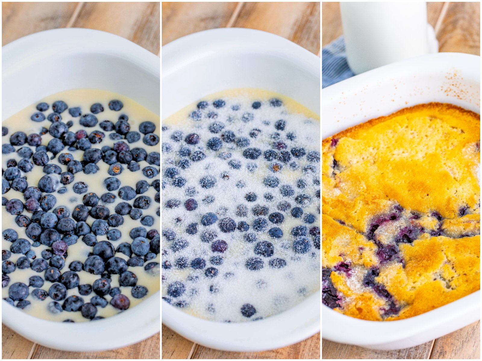collage of three photos: blueberries added on top of batter; sugar sprinkled on top of blueberries; fully baked blueberry cobbler. 