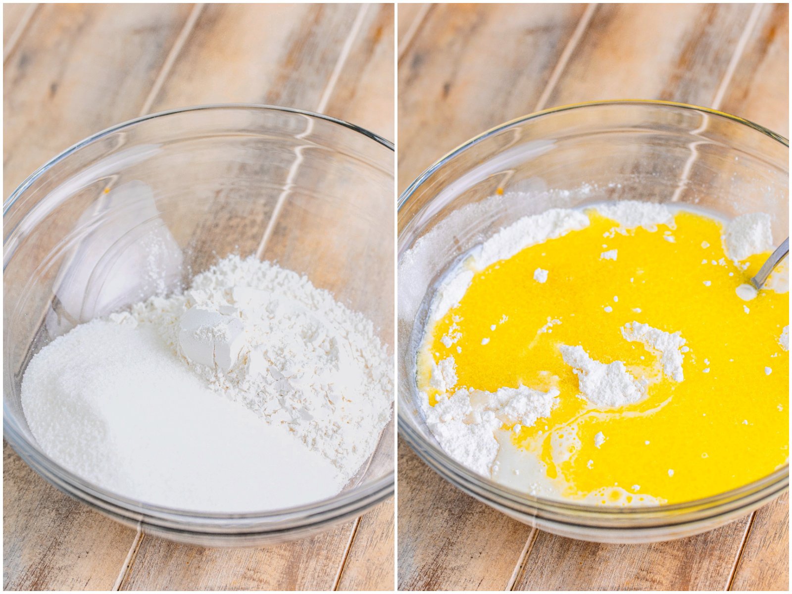 collage of two photos: flour and sugar in a bowl; melted butter and milk added to flour sugar mixture. 