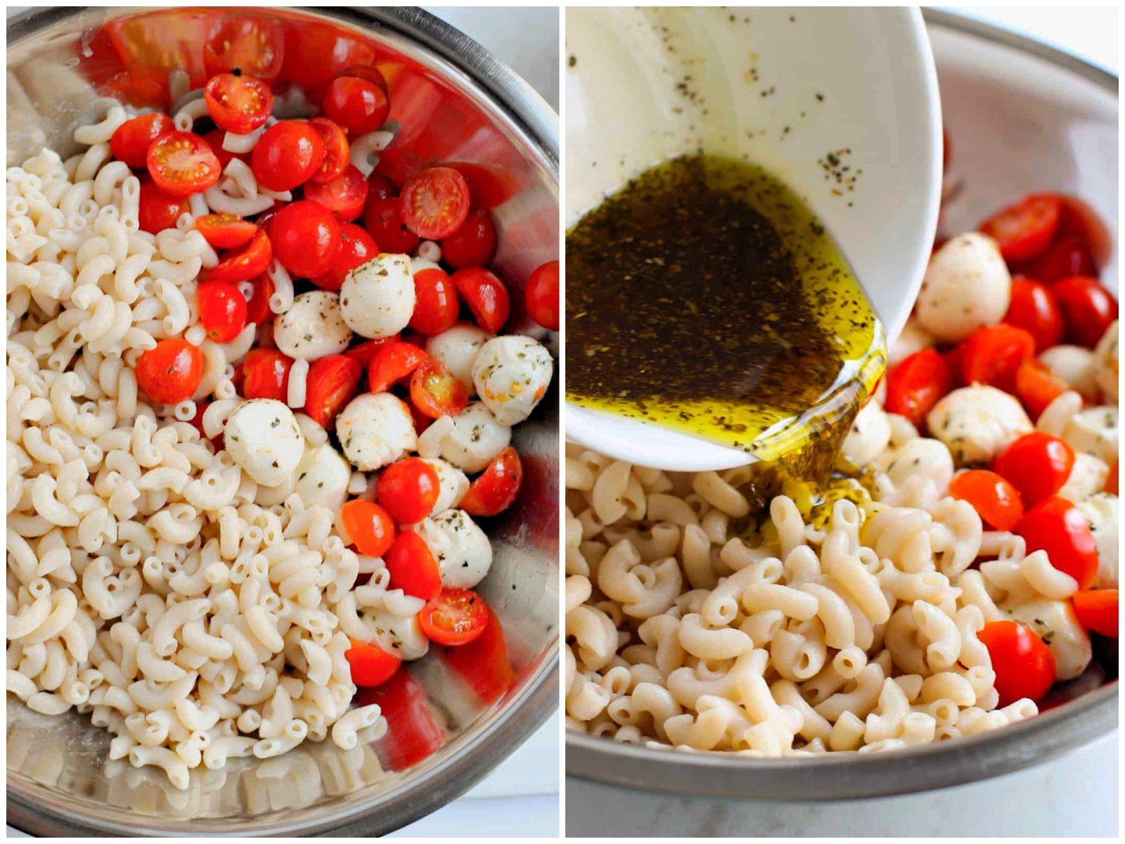 collage of two photos: cooked macaroni noodles added to bowl with tomatoes and mozzarella; dressing being poured onto pasta in bowl. 