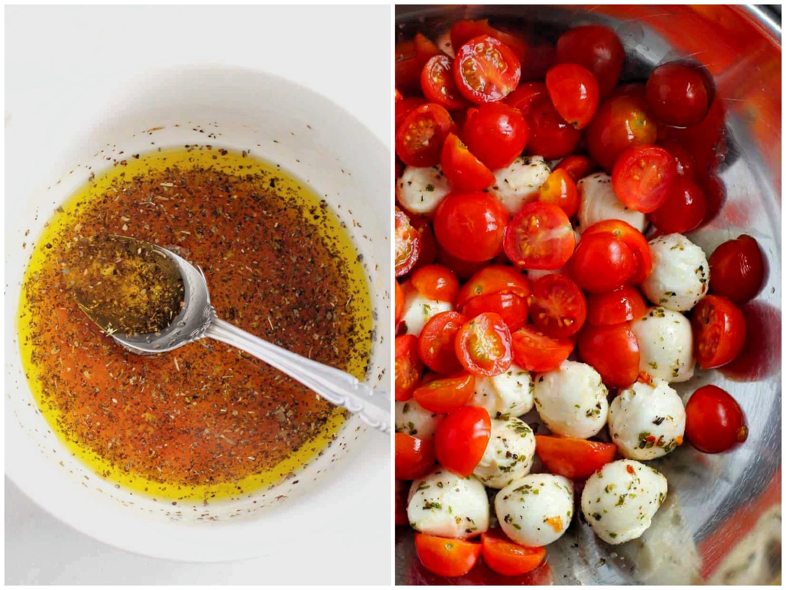collage of two photos: A spoon in a bowl, stirring the ingredients needed for the dressing for the Pasta Caprese Salad; tomatoes and mozzarella in a bowl. 