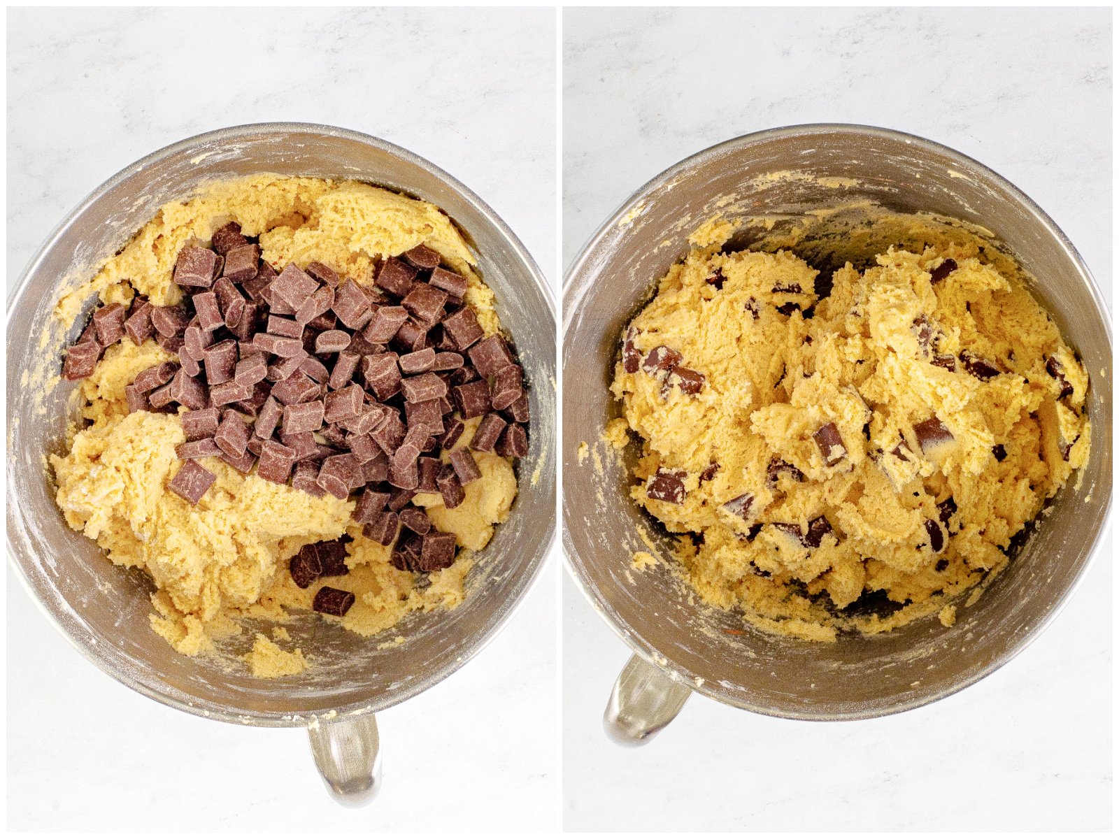 collage of two photos: chocolate chunks added to cookie batter; fully mixed chocolate chunk cookie batter. 