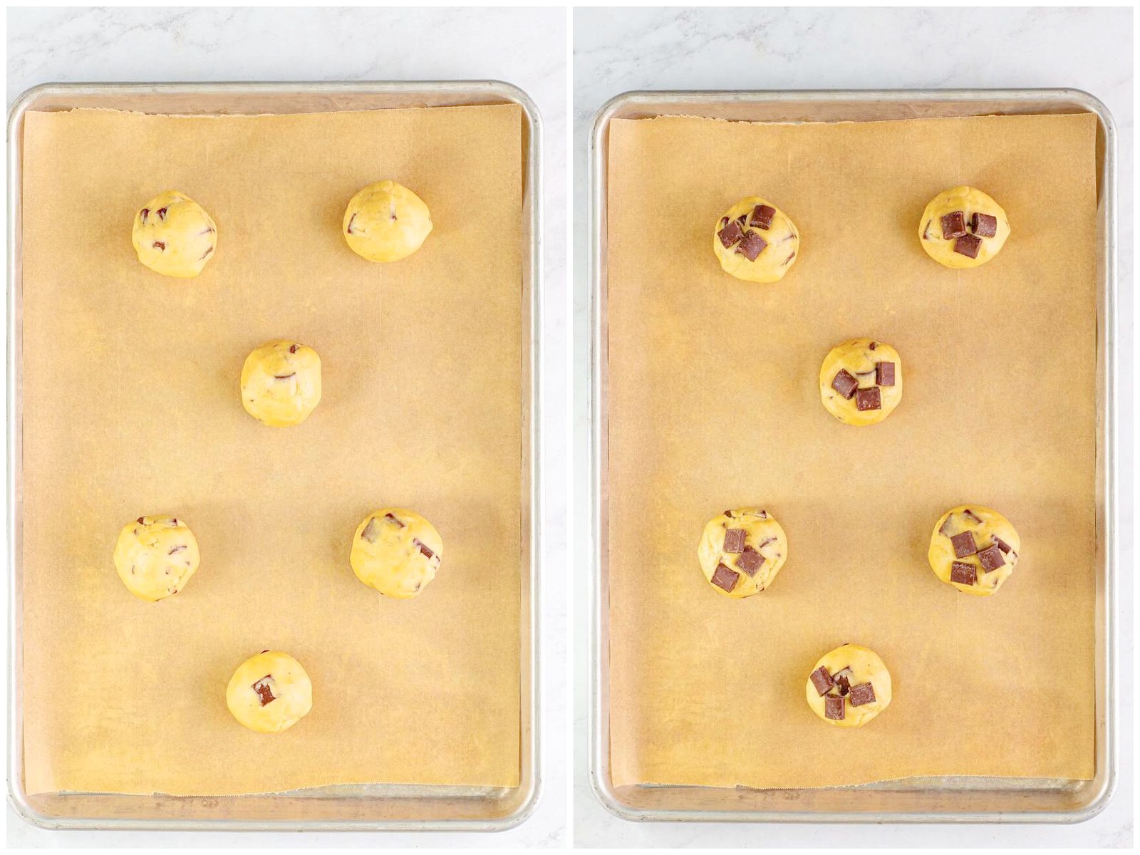 collage of two photos: cookie dough balls on parchment paper lined baking sheet; chocolate chunks added to the top of each cookie dough ball.