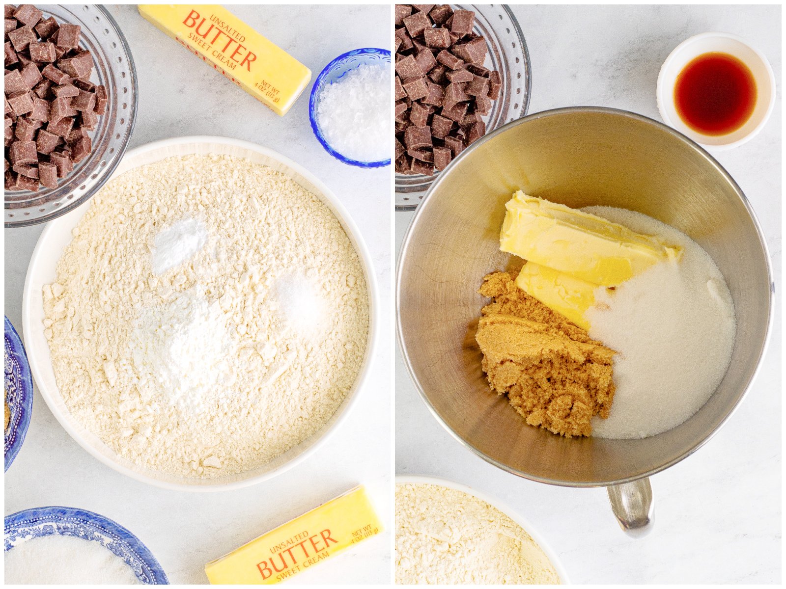 collage of two photos: a mixing bowl with flour, cornstarch, baking soda, and salt; butter and sugars in a stand mixer bowl. 