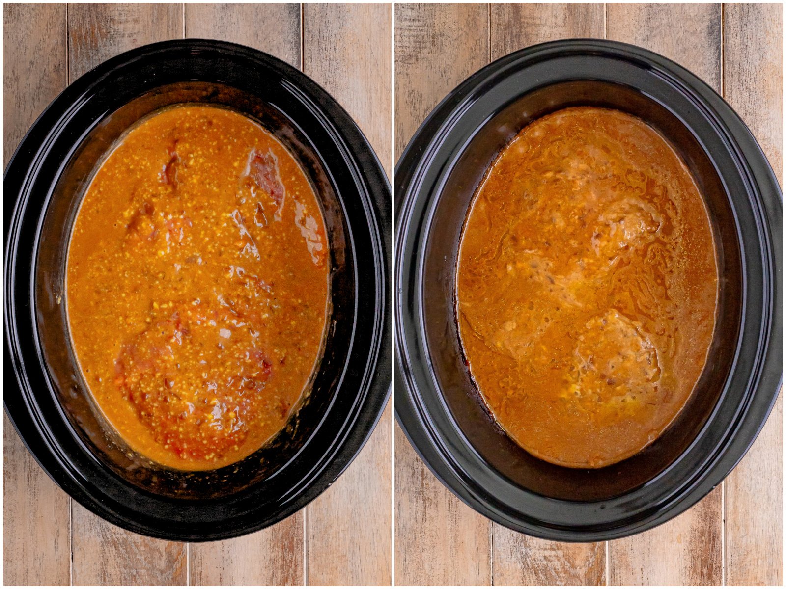 collage of two photos: raw cube steaks coated in gravy; fully cooked cube steak in slow cooker.