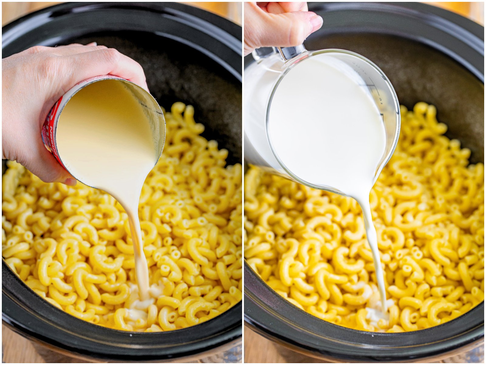collage of two photos: evaporated milk added to slow cooker; milk being poured on top of macaroni in crock pot. 